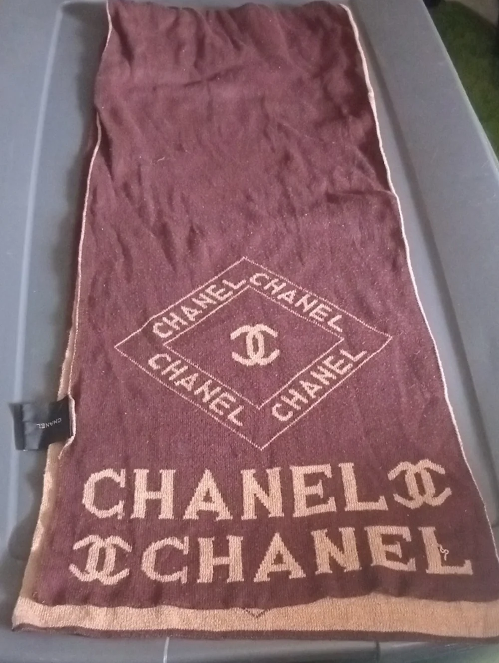 CHANEL Brown and Gold Logo Knit Scarf